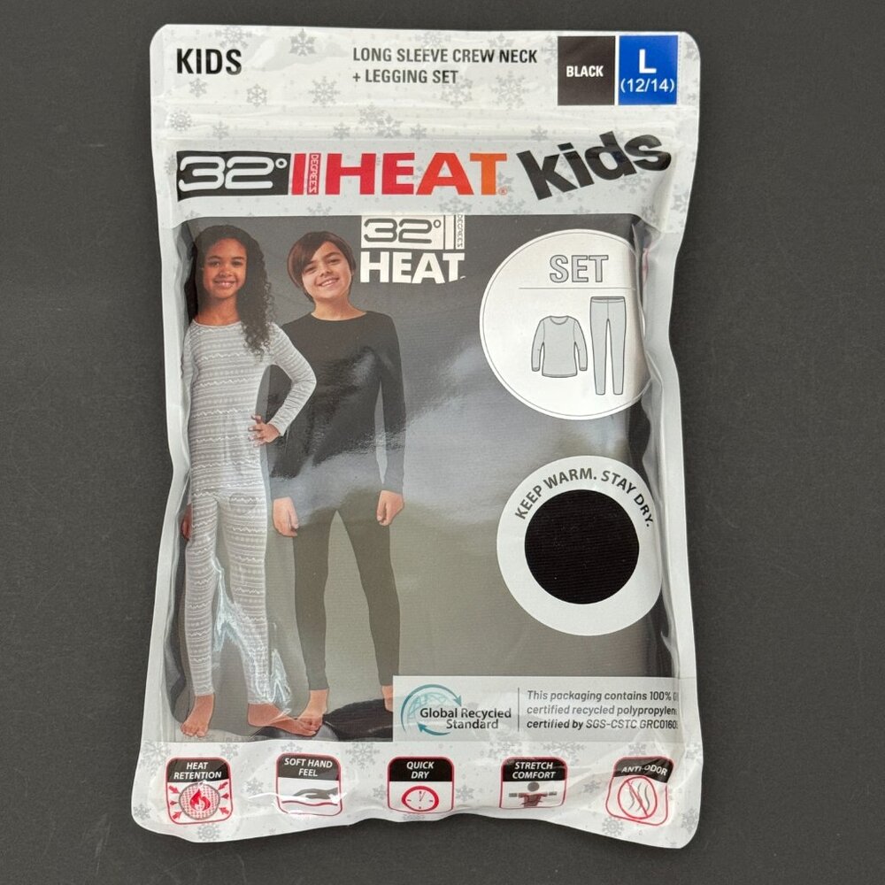 32 Degrees Kids' Black Heat Set - L (12/14) NWT